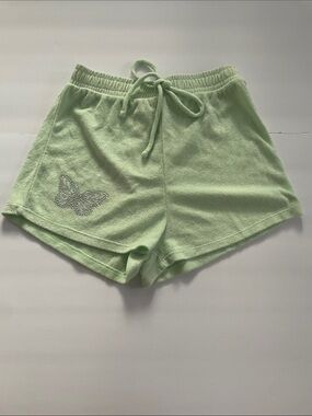iris Light Green Terry Cloth Drawstring Shorts with Rhinestone Butterfly